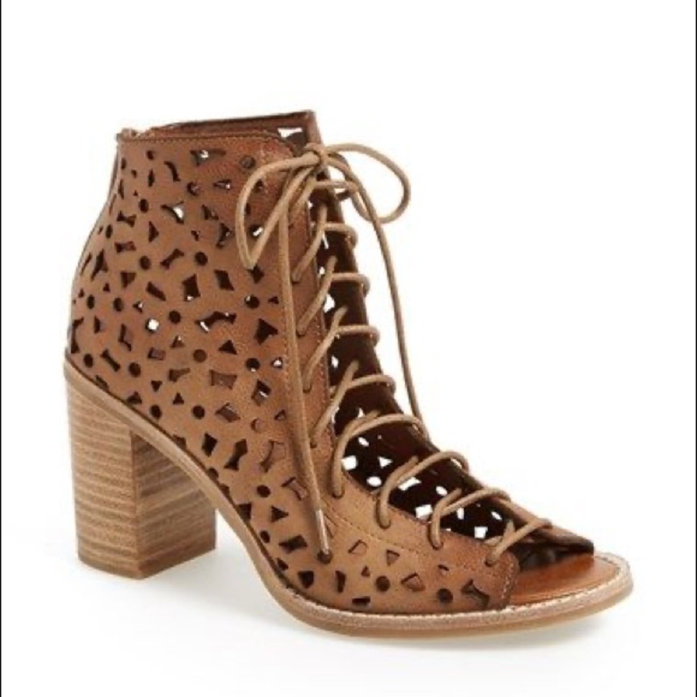 Lace-Up Perforated Block Heel Sandal Boot in Tan